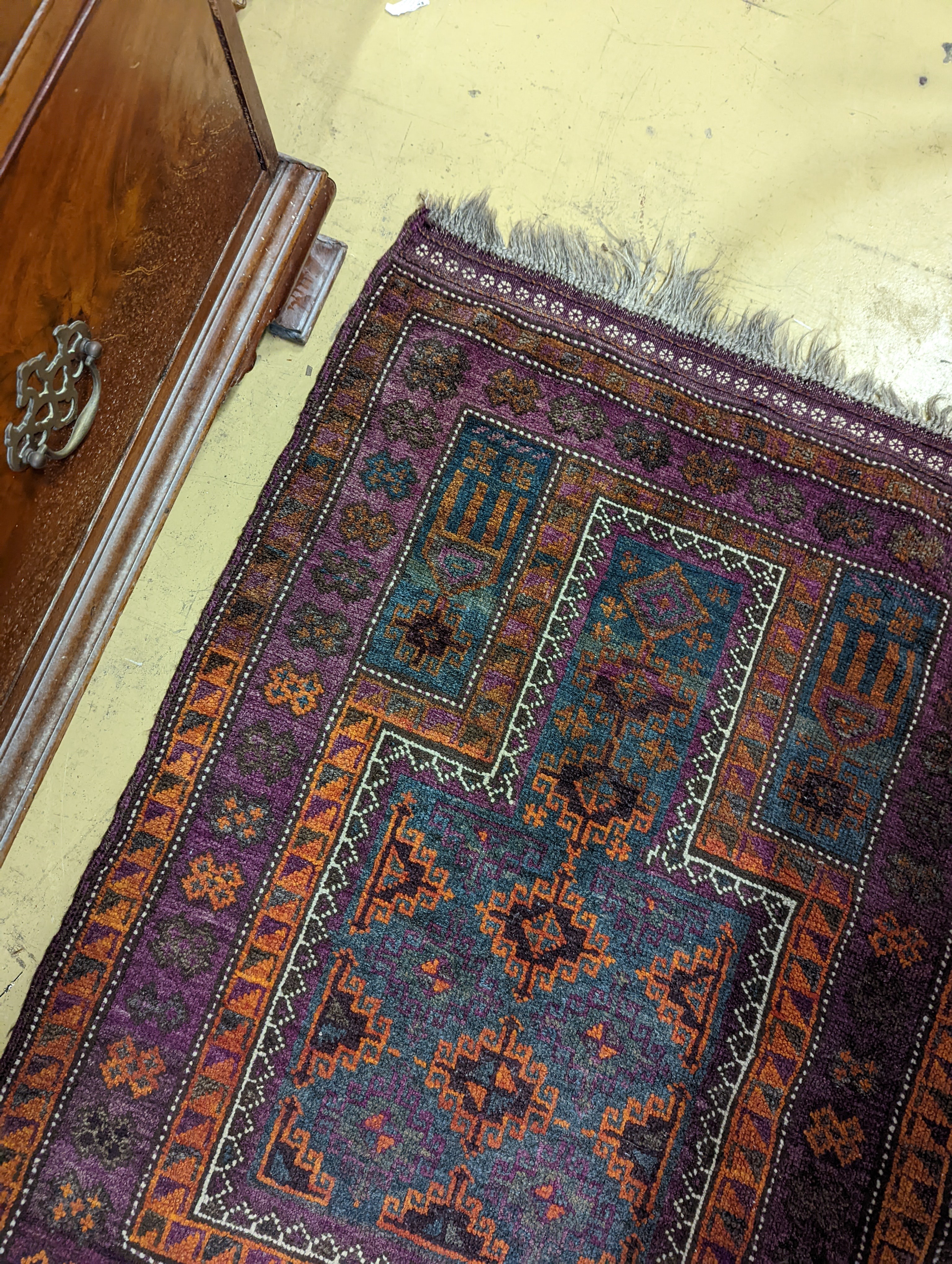 Two Belouch geometric prayer rugs, 106 x 57cm